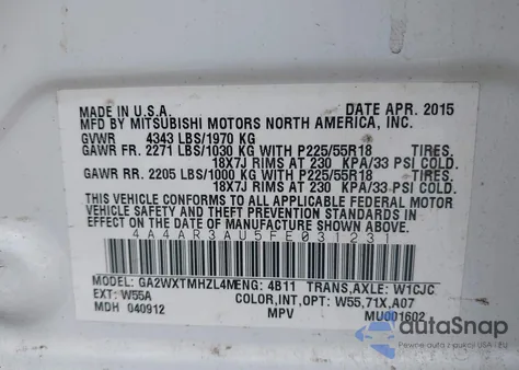 2015 Mitsubishi Outlander Sport Es from USA, damaged, VIN 4A4AR3AU5FE031231